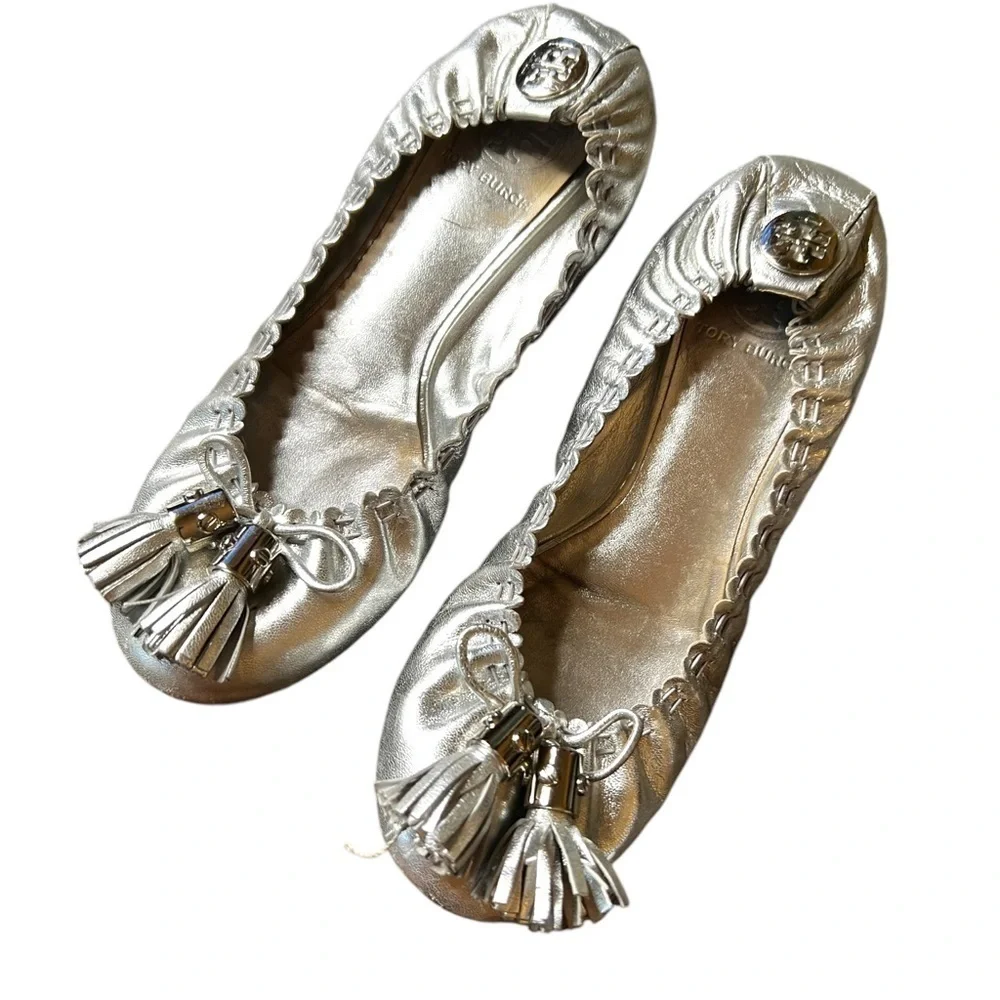Tory Burch Reese Silver Flats with Tassels
